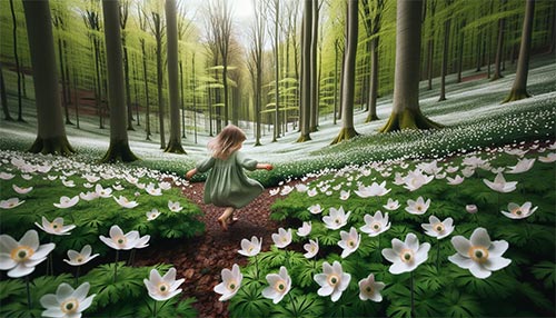 Pige i skov med anemoner